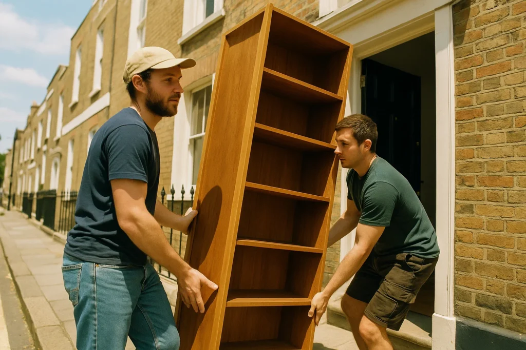 Man and van team loading a wooden bookcase into a van during a small home removal
