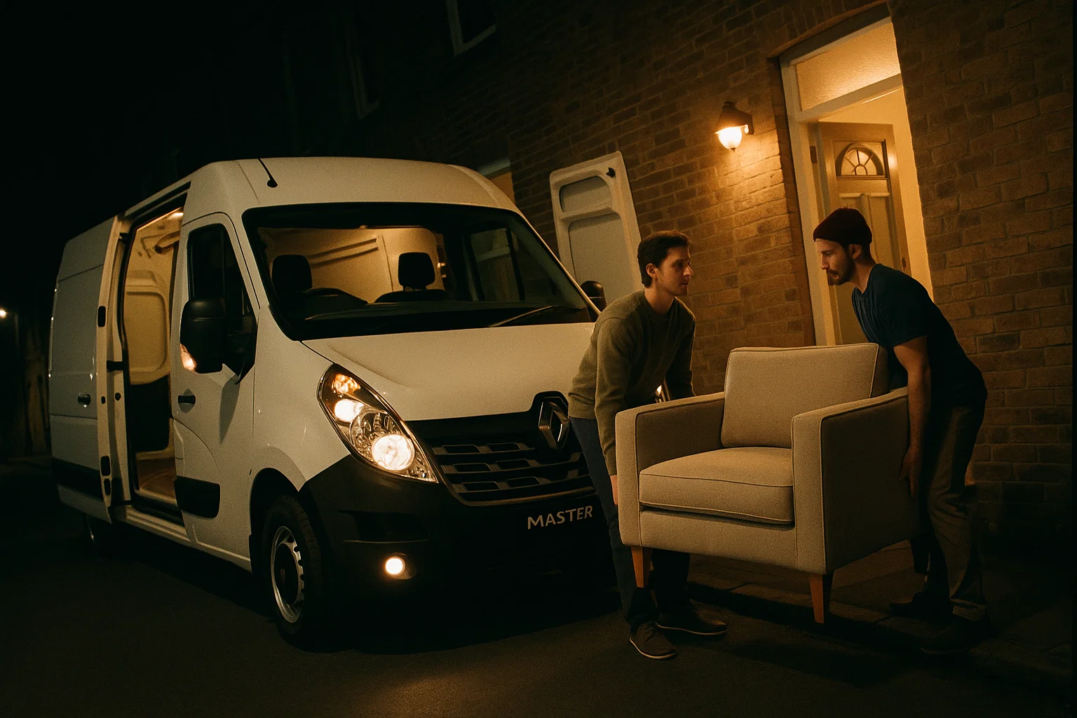 Two-man van team carefully lifting furniture into a van during a home move