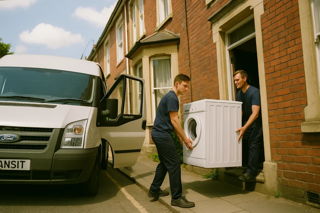 Professional man and van service in loading furniture into a clean white van