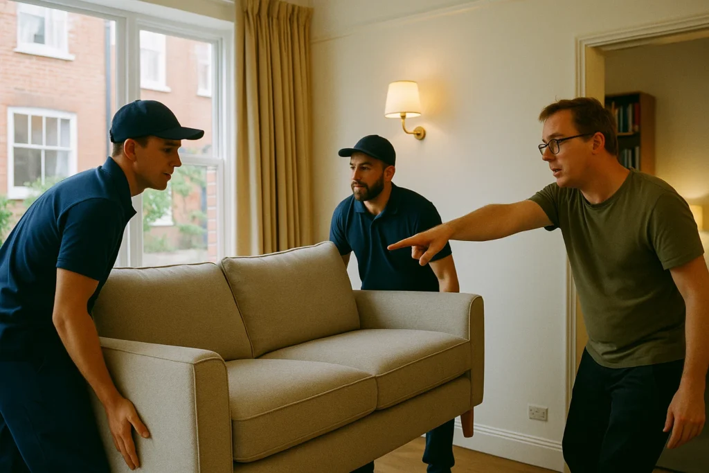 Man and van professionals loading a large sofa into a moving van during a relocation